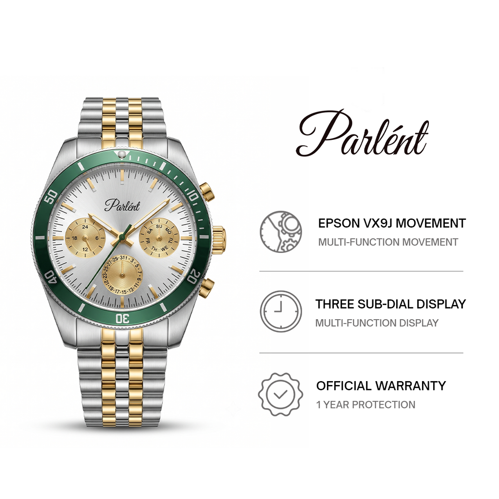 Parlent Crown Tritone - Jam Tangan Pria 40mm, Epson Japan VX9J Quartz Movement, Waterproof 5ATM (50M), Stainless Steel