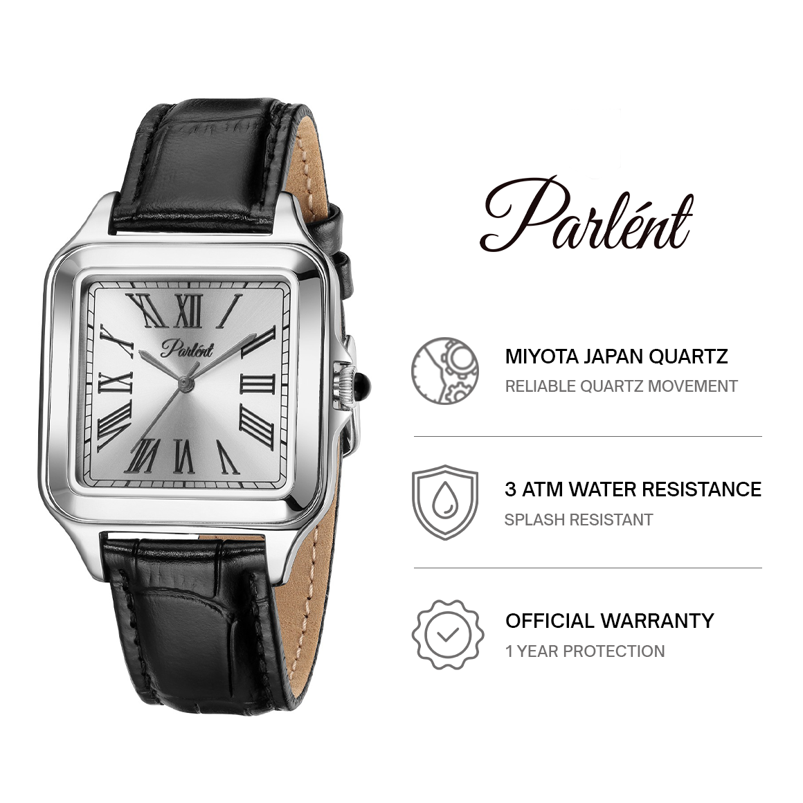 Parlent Quadra - Jam Tangan Pria 36mm & 26mm, Miyota Japan Quartz Movement, Waterproof 3ATM (30M), Stainless Steel