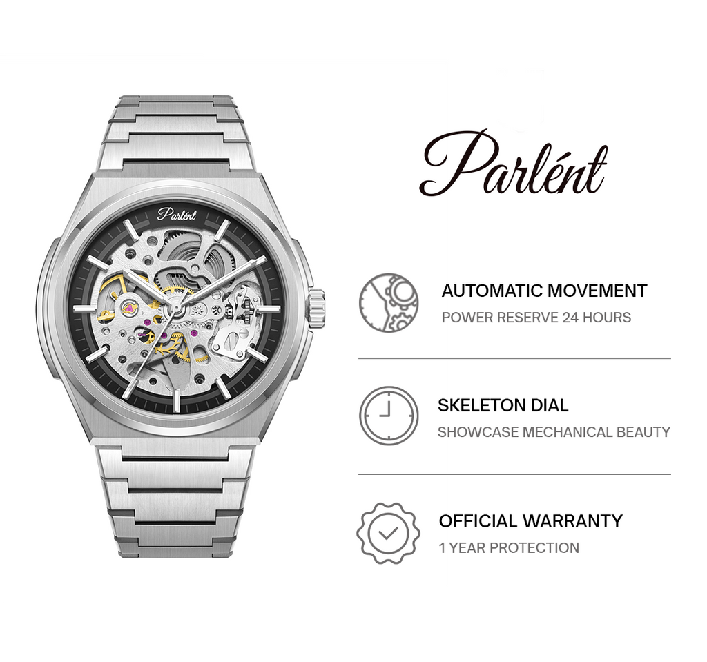 Parlent Stellar Automatic - Jam Tangan Pria 42mm, Automatic Movement, Waterproof 5ATM (50M), Stainless Steel